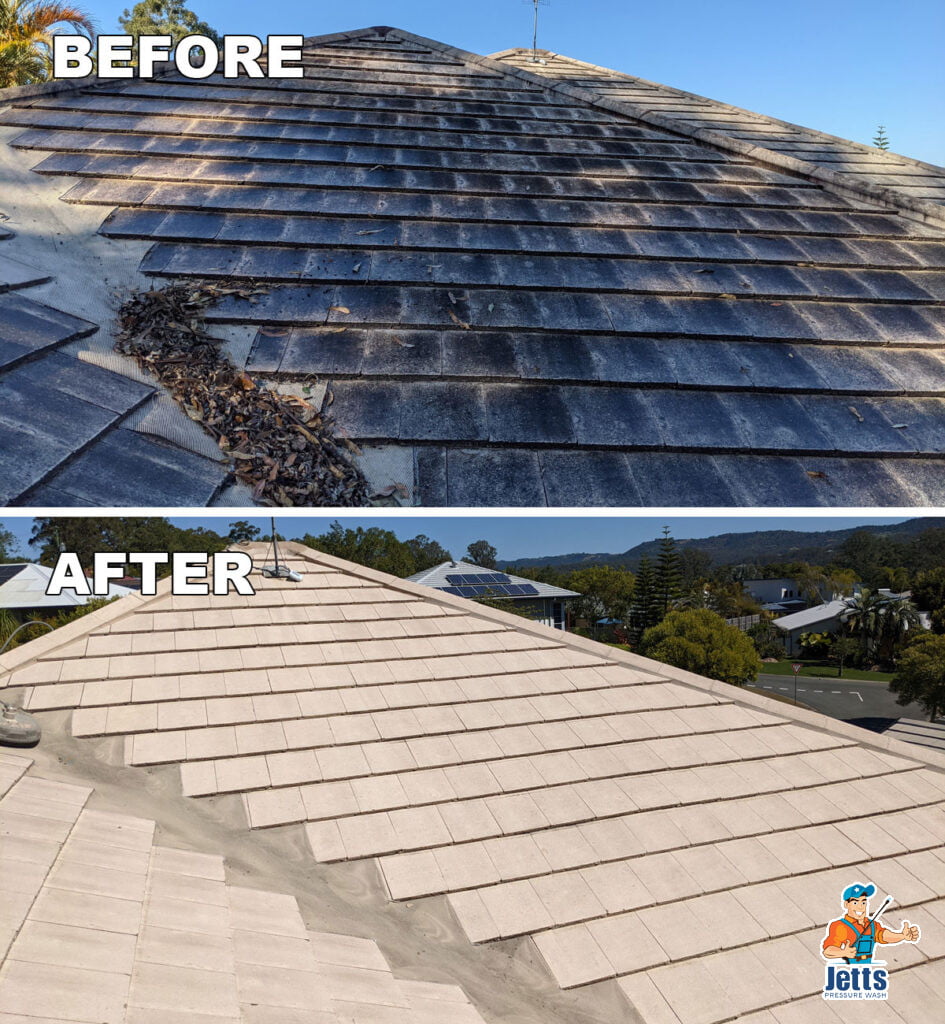 This concrete tile roof looks amazing after being pressure washed with the surface cleaner.