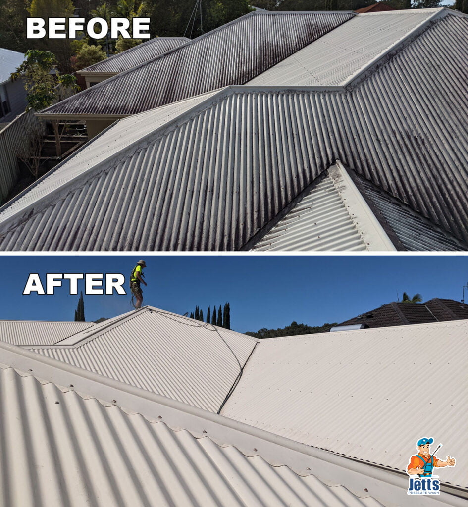 Before and after comparison of corrugated iron roof at Twin Waters.