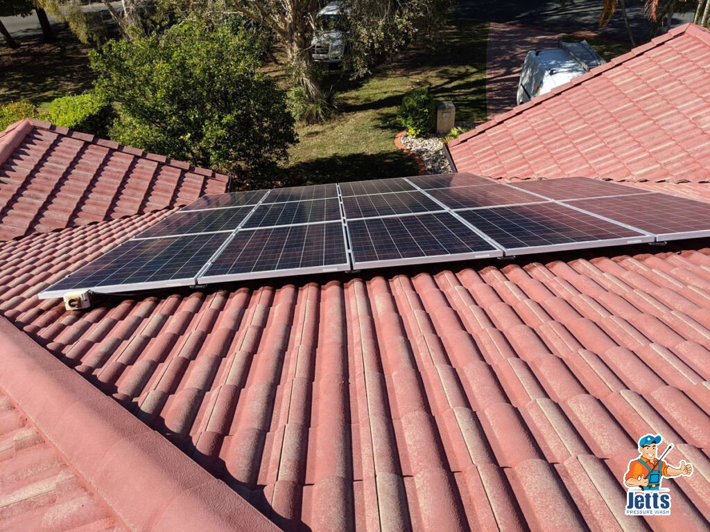 Cleaned tile roof and solar panels
