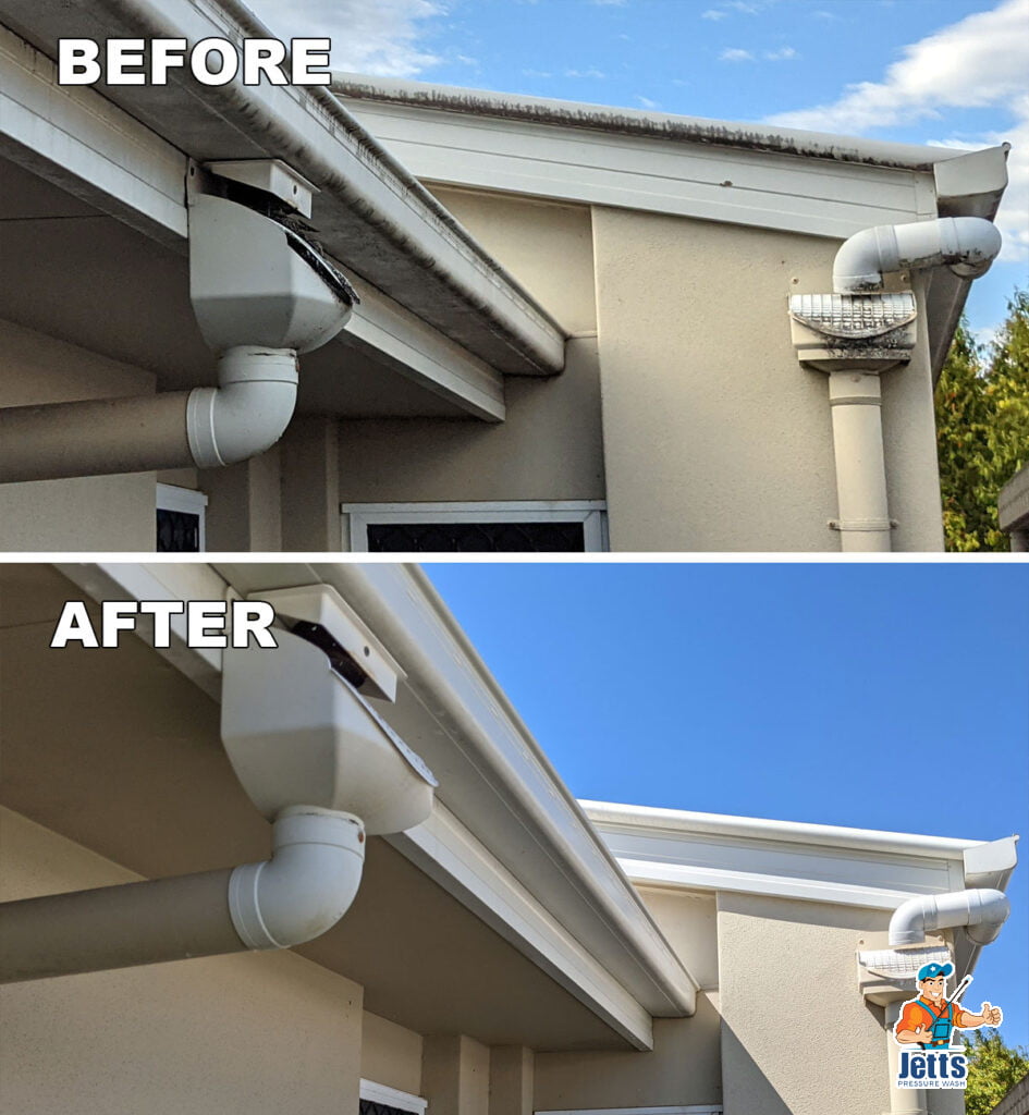 Before and after comparison of a gutter clean at Sippy Downs