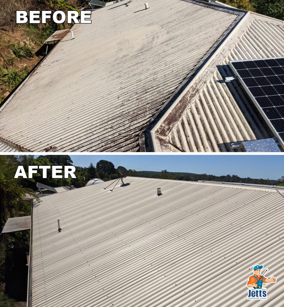 Before and after photo of metal roof and gutters at Flaxton.