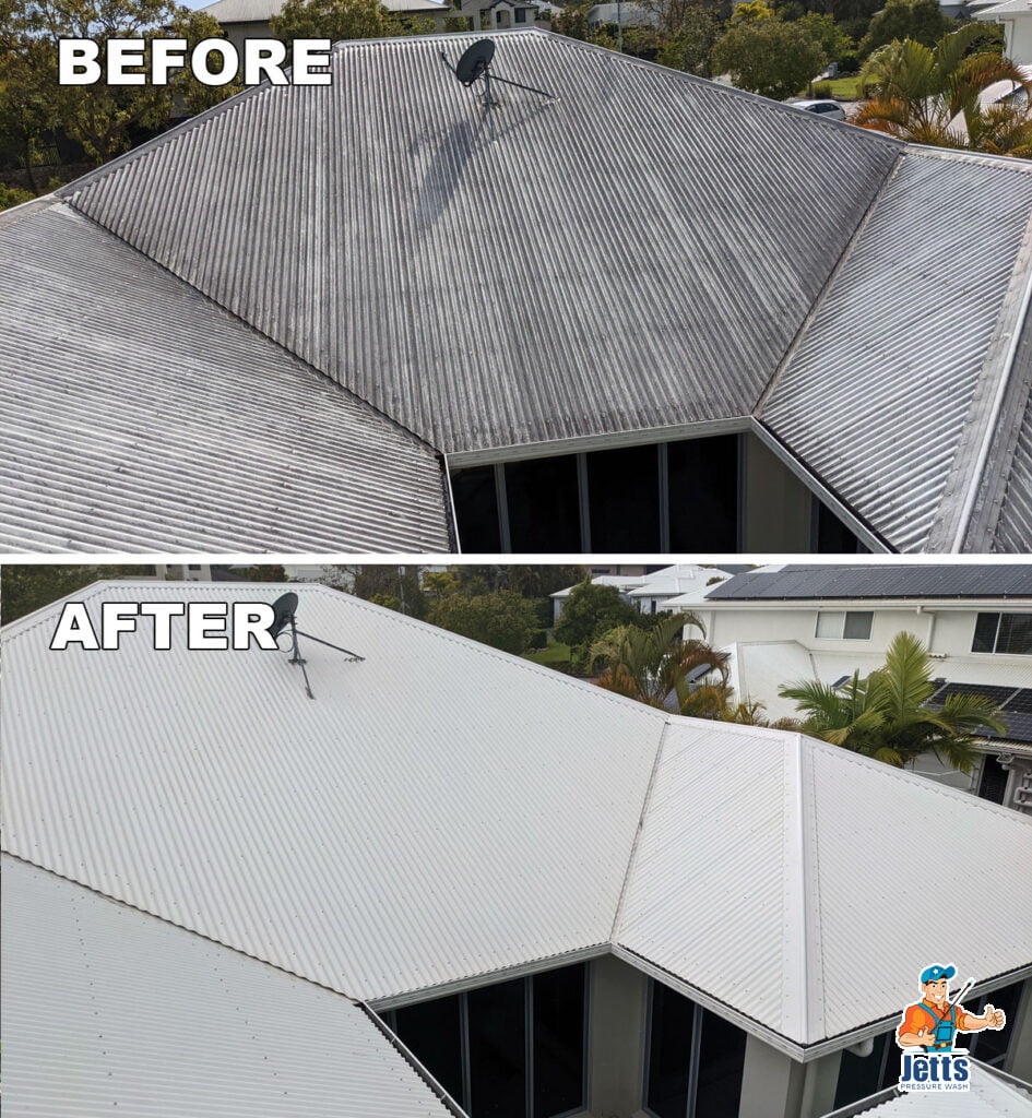 Before and after comparison of roof and gutter clean Sunshine Coast
