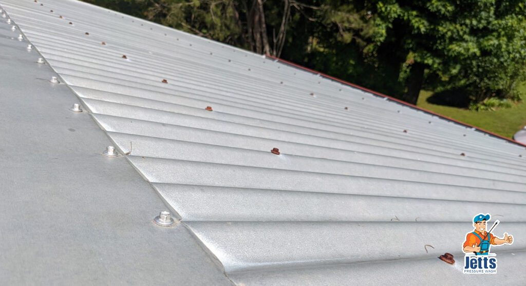 Metal roof showing rusty screws and replacement screws